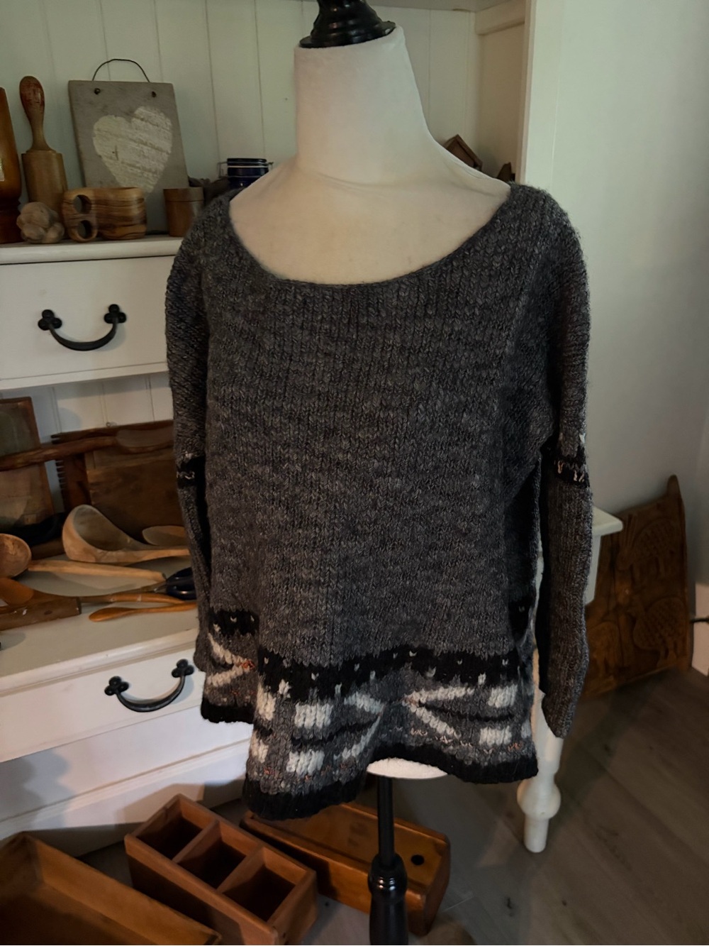 Free People Charcoal Gray Patterned Scoop-Neck Sweater